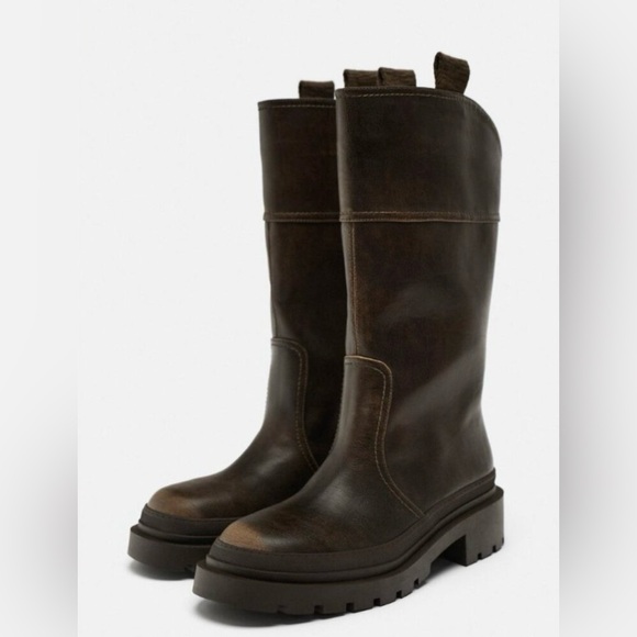 NWT ZARA LOW HEELED RUBBER SOLE BOOTS BROWN - Picture 1 of 11